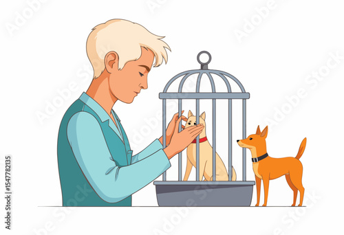 Young man caring for dog in a cage with another dog nearby  