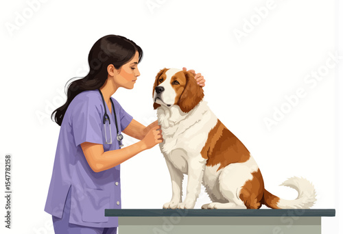 Veterinarian caring for dog on examination table in clinic  