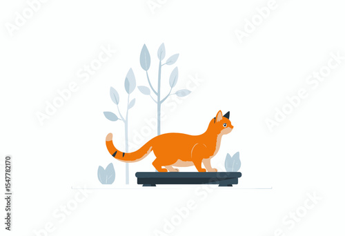 Orange cat walking on a platform among green leaves  
