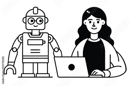 AI Robot and Human Working Together at Laptop – Flat Vector Illustration of Artificial Intelligence Collaboration, Future Technology, and Human-Robot Interaction in Digital Workspace.