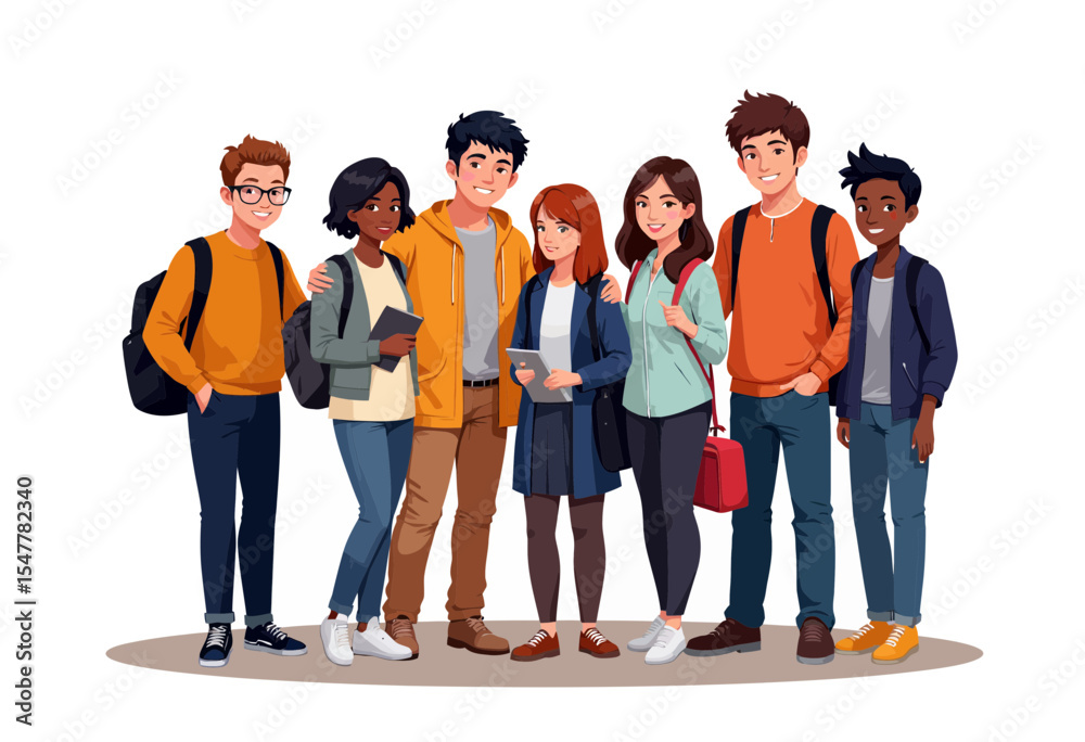 Obraz premium Group of diverse teenagers standing together and using smartphones 