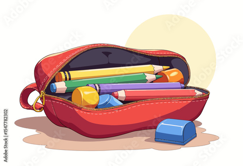 Red pencil case filled with colorful school supplies and stationery  