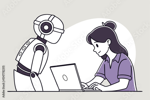 AI Robot and Human Working Together at Laptop – Flat Vector Illustration of Artificial Intelligence Collaboration, Future Technology, and Human-Robot Interaction in Digital Workspace.
