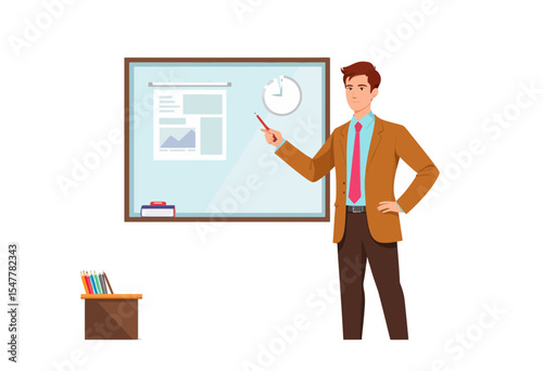 Businessman presenting data on whiteboard in office environment  