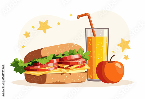 Sandwich with cheese, lettuce, and tomato alongside juice and apple  
