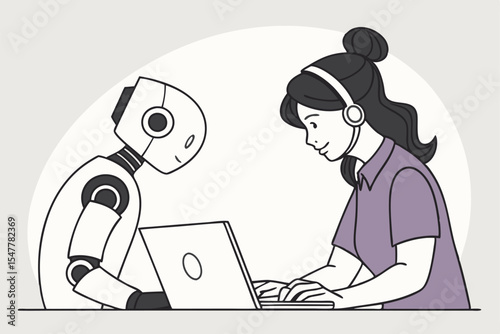 AI Robot and Human Working Together at Laptop – Flat Vector Illustration of Artificial Intelligence Collaboration, Future Technology, and Human-Robot Interaction in Digital Workspace.