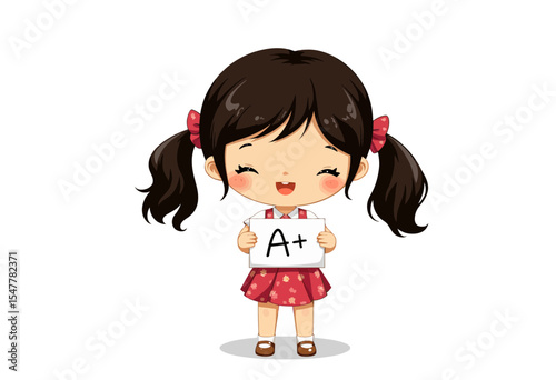 Happy girl holding A+ grade sign with pigtails and smile  
