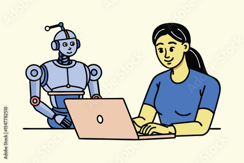 AI Robot and Human Working Together at Laptop – Flat Vector Illustration of Artificial Intelligence Collaboration, Future Technology, and Human-Robot Interaction in Digital Workspace.