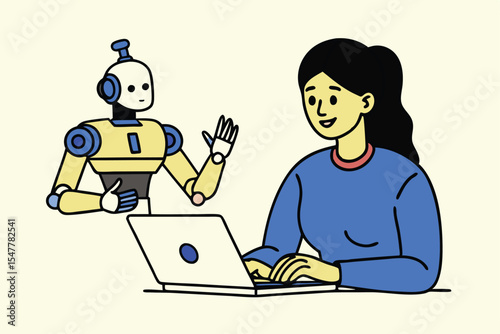 AI Robot and Human Working Together at Laptop – Flat Vector Illustration of Artificial Intelligence Collaboration, Future Technology, and Human-Robot Interaction in Digital Workspace.