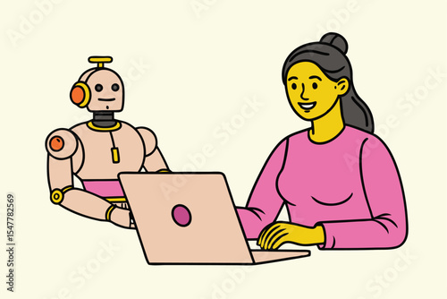 AI Robot and Human Working Together at Laptop – Flat Vector Illustration of Artificial Intelligence Collaboration, Future Technology, and Human-Robot Interaction in Digital Workspace.