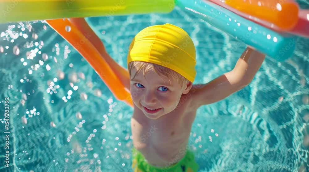 Boy enjoying summer fun in a blue pool