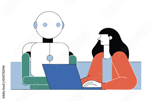 AI Robot and Human Working Together at Laptop – Flat Vector Illustration of Artificial Intelligence Collaboration, Future Technology, and Human-Robot Interaction in Digital Workspace.
