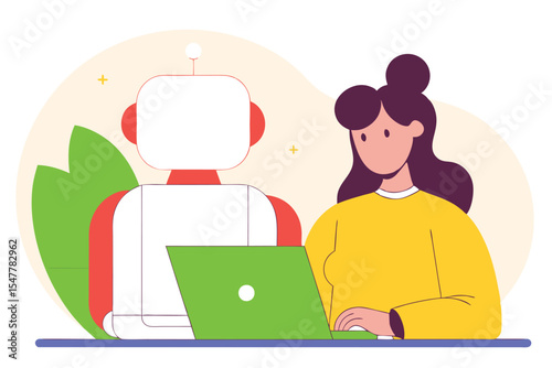 AI Robot and Human Working Together at Laptop – Flat Vector Illustration of Artificial Intelligence Collaboration, Future Technology, and Human-Robot Interaction in Digital Workspace.