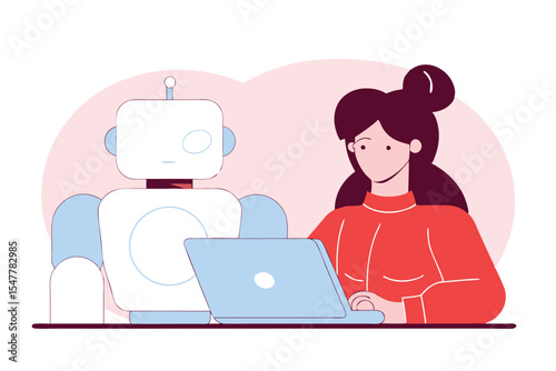 AI Robot and Human Working Together at Laptop – Flat Vector Illustration of Artificial Intelligence Collaboration, Future Technology, and Human-Robot Interaction in Digital Workspace.