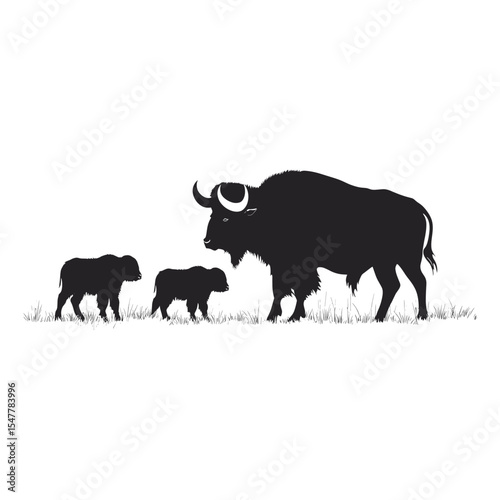 Buffalo and 2 cubs illustration silhouette wildlife vector