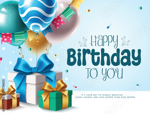 Celebrate in style with this vibrant birthday clipart featuring gifts, balloons, and joyful typography to brighten any occasion. Birthday greeting vector illustration.