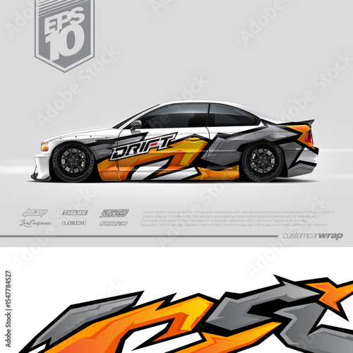 Racing car wrap design vector. Graphic abstract stripe racing background kit designs for wrap vehicle, race car, rally, adventure and livery. Full vector eps 10	