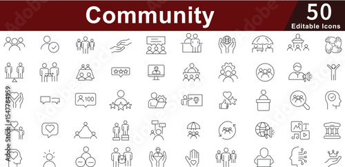 Community Social Network Icon Set - 50 Editable Group Connection Icons for Local Engagement, Volunteering and Civic Participation Vector Collection