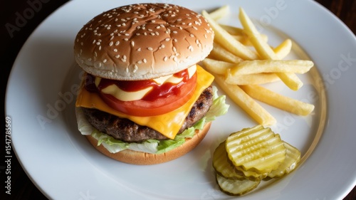 Classic Cheeseburger with Fries and Pickles on a White Plate