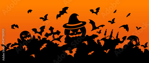 Halloween poster, poster with black bats on orange background. Halloween background with flock of bats on orange sky. Halloween bat, ghost and pumpkin background.