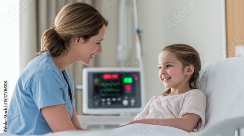 A smiling nurse comforts a young girl in a hospital bed, radiating compassion, care, pediatric health support, and professional bedside connection.