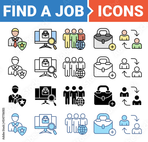 Find a job banner icon set with multiple style collection.