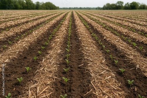 Young plants growing in no till agriculture field covered with straw mulch photo