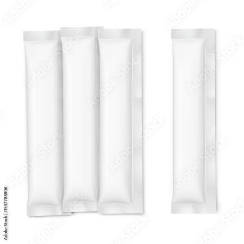 Blank three seal stick package bag mockups. Flat lay view. Vector illustration isolated on white background. Can be use for food, cosmetic, pharmacy and etc. EPS10.