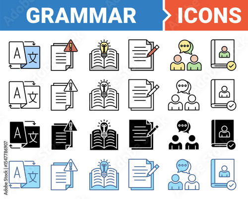 Grammar for language education banner icon set with multiple style collection.