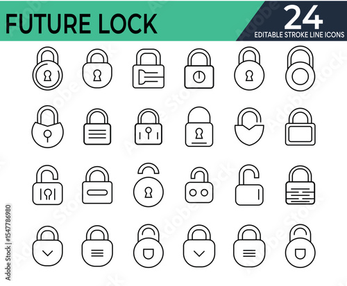 Lock stroke line editable icon set collection. Locked and unlocked black line icon set. Flat security symbol. Containing padlock, security, unlock, lock 