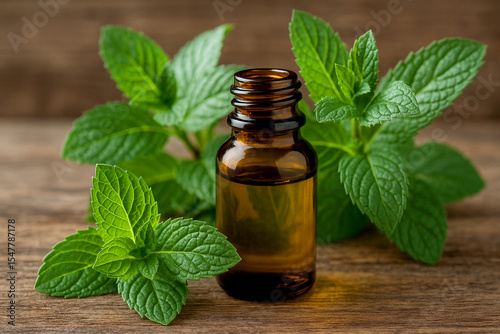 Essential oil in a transparent bottle. Natural mint oil. A bottle of essential oil with fresh peppermint plant. A bottle of aromatherapy essential oil. oil for massage spa salon