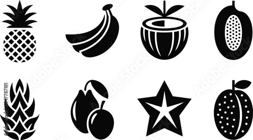 Tropical fruit icons black and white set