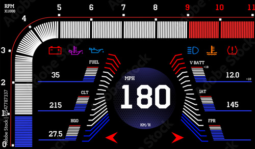 Car dashboard modern automobile control illuminated panel speed display vector illustration.