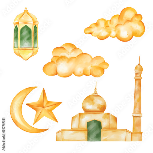 Golden Watercolor Islamic mosque and lantern with cloud illustration