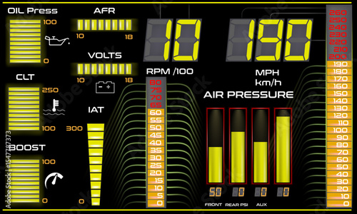 Car dashboard modern automobile control illuminated panel speed display vector illustration.