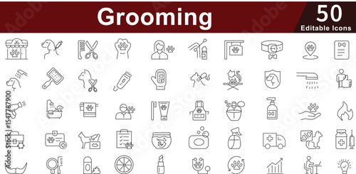 Grooming Personal Care Icon Set - 50 Editable Beauty Hygiene Icons for Salon, Barbershop and Self-Care Services. Editable Stroke 