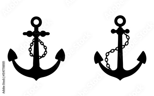 Set of anchors with chain full black silhouette vector illustration design