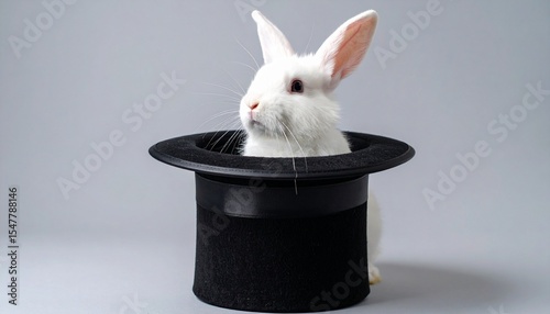 white rabbit in a black magic hat on gray background