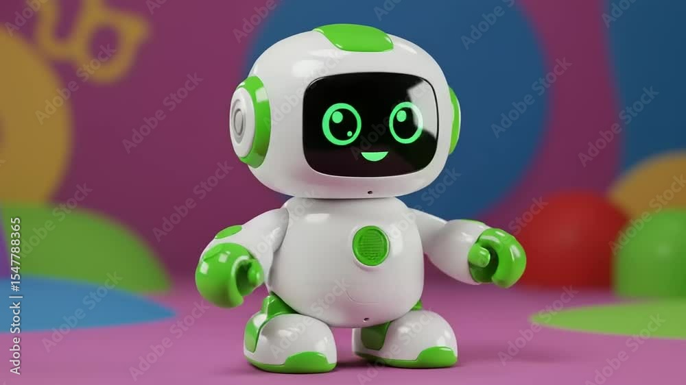 Cute Little White Robot Toy with Green Accents Posing on a Colorful Background