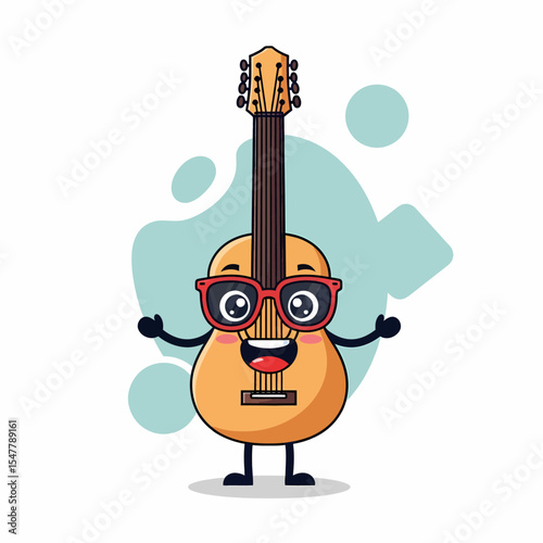 Funny Cartoon Guitar with Glasses Smiling Happy Musical Instrument