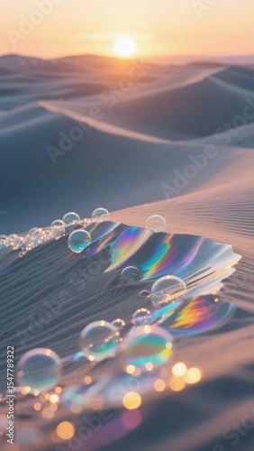 Iridescent Bubbles Resting on Sand Dunes at Sunset