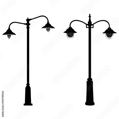 Set of street lamp full black silhouette vector illustration design