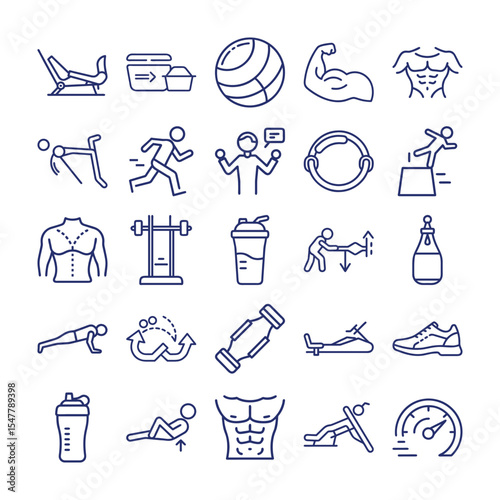 Collection of Fitness and Exercise Icons Depicting Various Activities and Equipment