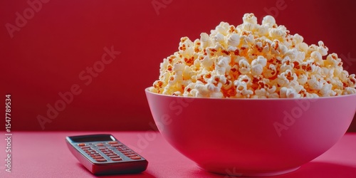 Bowl of buttery popcorn sits next to a calculator against a bold red background in a cozy setting during a movie night