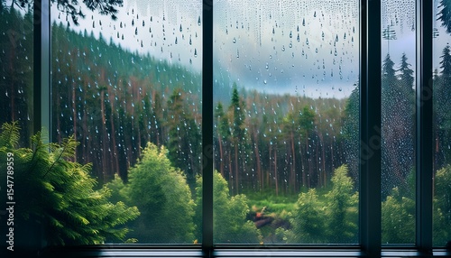 raindrops on a windowpane overlooking a forest on a rainy day ai generative