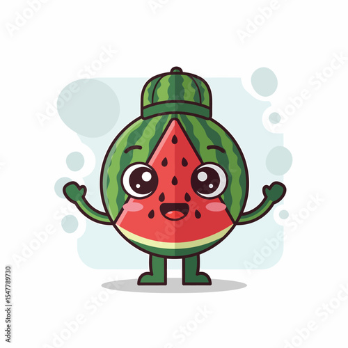 Adorable Watermelon Character Wearing Cap with Arms Up Vector Illustration