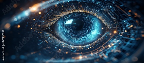 3D render of an abstract, futuristic eye with digital elements and circuit board patterns, floating in the center of an endless spiral tunnel