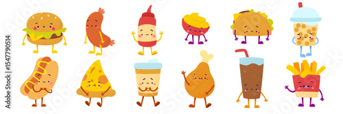 Cute fast food characters set. Cartoon textured street food collection. Vector fast food bundle.