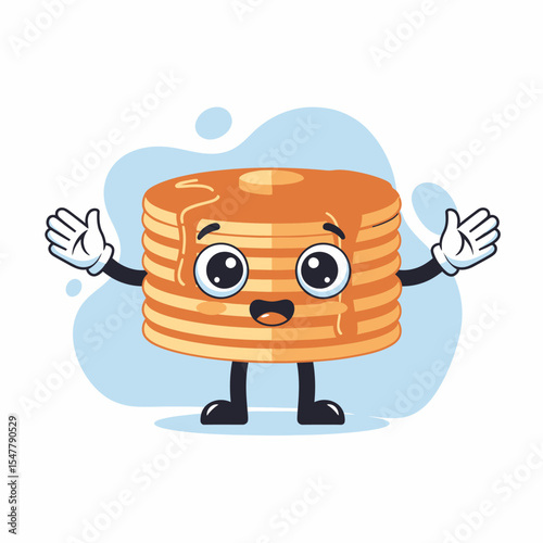 Cheerful Pancake Character Illustration Stacked with Syrup and Butter