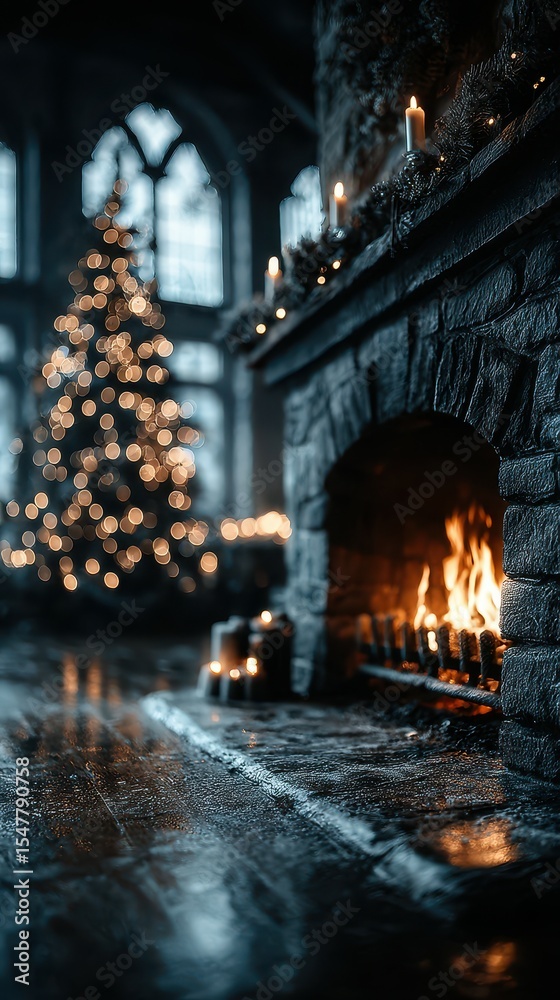 Obraz premium Cozy fireplace with glowing flames beside a beautifully decorated Christmas tree in a warm, inviting living space